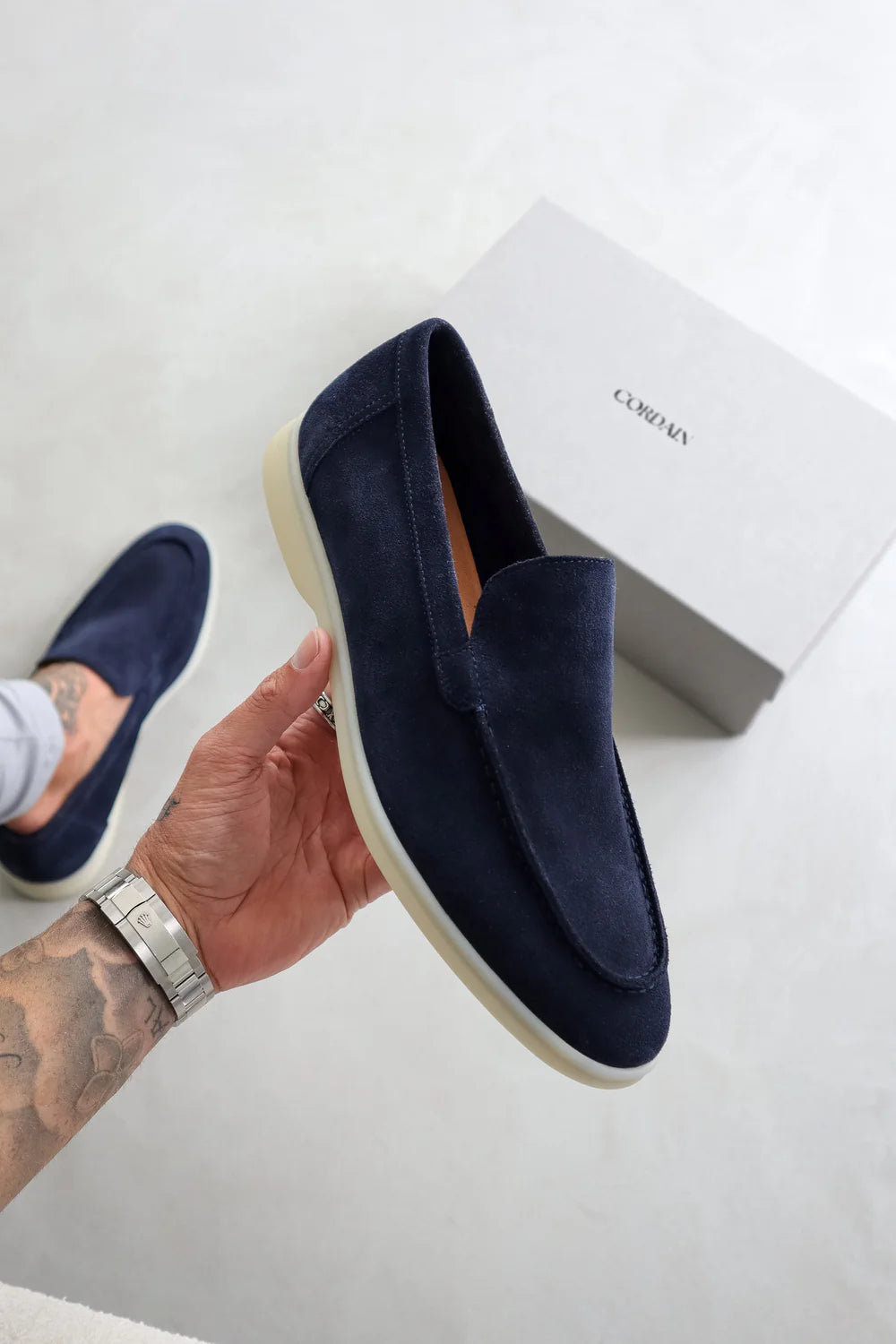 Navy suède loafers